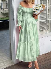 Damen Lässig Urlaubs Temperament elegantes einfarbiges langärmliges Kleid, geeignet für Dates, Ausflüge, Urlaub, Weihnachtsoutfit