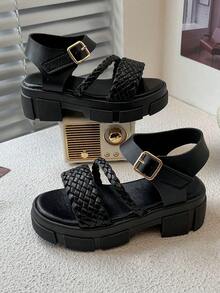 New Roman High Heel Sandals, Thick Sole Waterproof Platform Sport Sandals, Elegant Princess Shoes, Suitable For Daily Wear, Weddings, Parties, Summer Beach - 黑色 - 查看 8