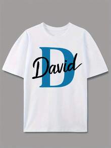 [Handwritten Print Tee] Lightweight Cotton Blend Men's Casual Crew Neck T-Shirt With "David" Handwritten Print |   Short Sleeve, Regular Fit, Ideal For Summer And Spring Outdoor Wear, Spring Casual Wear |   Handwritten Print Tee - 白色 - 查看 2