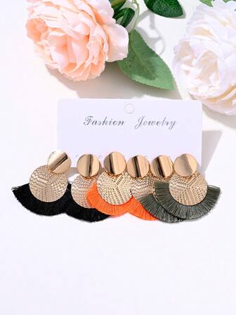 6pcs Bohemian Style Fan-Shaped Tassel Earrings Set, Suitable For Women's Daily, Party, All Seasons Wear