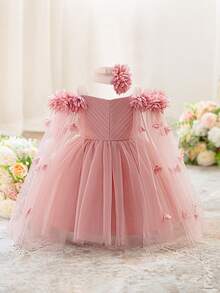 Baby Girls Thick Strap 3D Flower Mesh Cute Party Dress, Headband Not Included - Dusty Pink - View 4