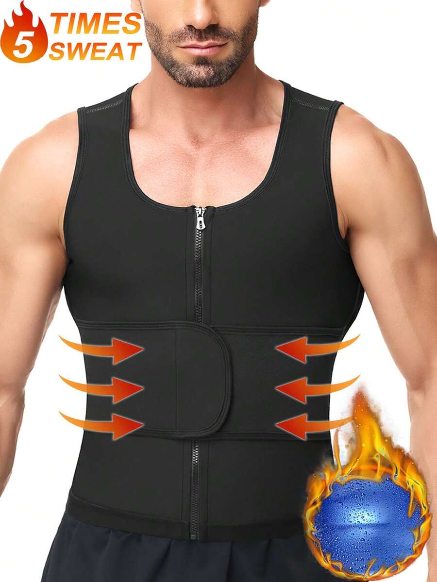Mens Fitness Sauna Sweat Suit Vest Shapewear Waist Trainer Trimmer Thermo Heat Trapping Belly Abdomen Compression Fat Burner Slimming Firm Tummy Control Tank Top Body Shaper Shirts Zipper Girdle Corset Sports Gym - 黑色 - 查看 1
