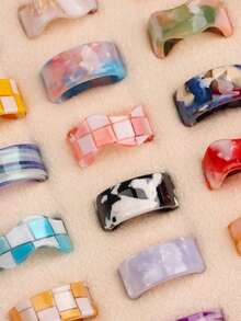 10个/包 可爱时尚甜美男女童戒指 棋盘格图案 糖果色纹理 开口波浪扁平款式 生日派对礼物 朋友日常佩戴配饰 随机款式 - 10個棋盤格暈染花紋樹脂戒指 - 查看 8