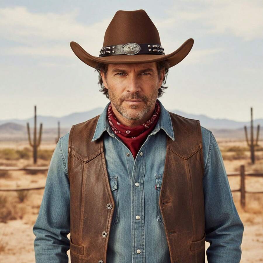 Felt Cowgirl Hat Stylish Decorative Studded Bull Head Belt Western Hat Wide Brim Jazz Cap - Reddish Brown - View 1