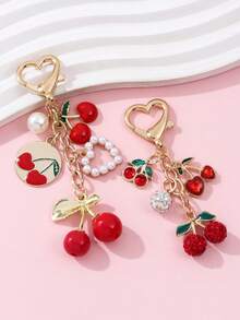 1 pieza Llavero con forma de corazón de aleación con strass y cereza, accesorio de alta gama con perla en forma de cereza para bolso, coche o decoración - Multicolor - Ver 1