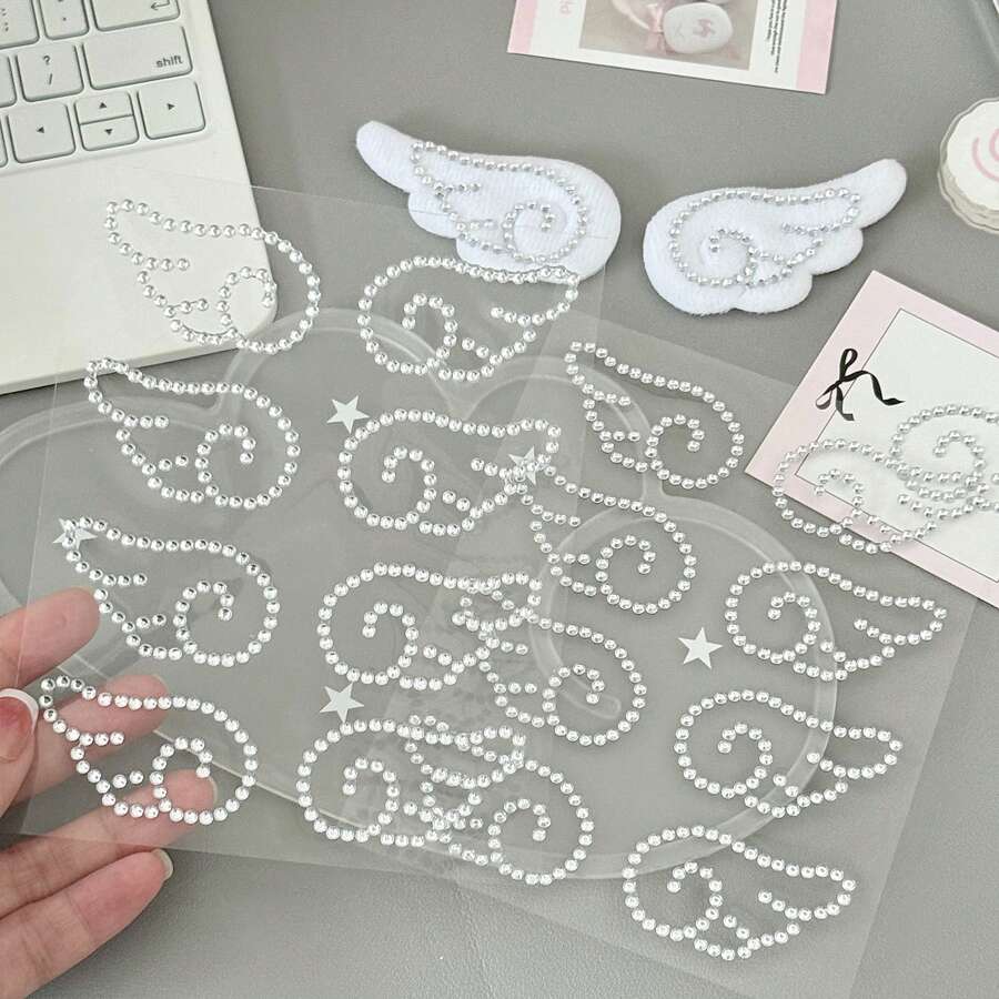 3pcs/Set Ins Style High-Quality 3D Crystal Wing, Circle, Five-Pointed Star Silver Rhinestone Stickers, Suitable For Decorating Journals, Diaries, Makeup, Wholesale - Silver - View 1