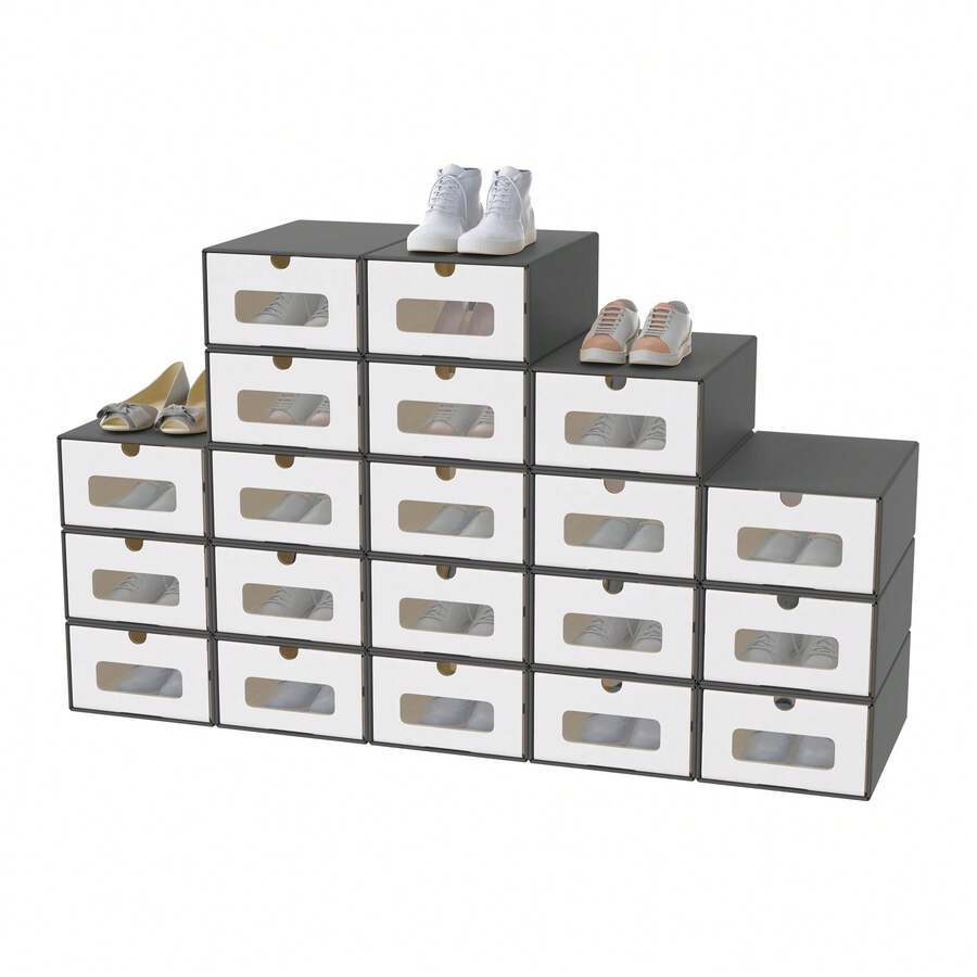 SAILUN Shoe Boxes, Cardboard Box, Stackable Shoe Box With Lid And Transparent Viewing Window, Mobile Shoe Slots Made Of Kraft Paper, Shoe Box Organiser Boxes, Pack Of 20, Brown/White/Dark Grey - Dark Grey - View 1