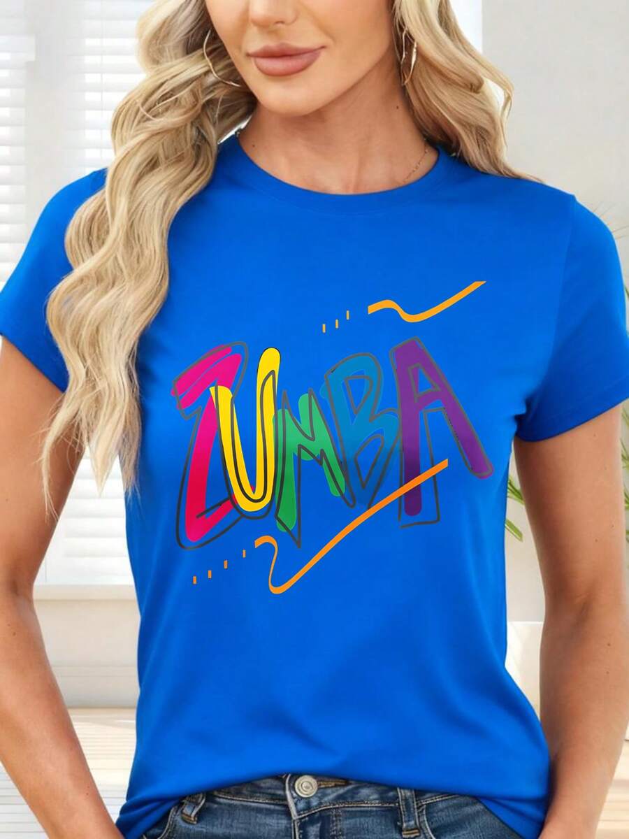 Colorful Zumba Print T-Shirt For Dance And Physical Activity - 藍色 - 查看 1