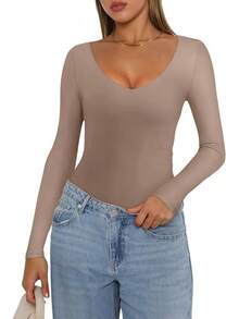 V Neck Long Sleeve Bodysuit - Comfy Double Lined Basic Top - Light Coffee - View 4