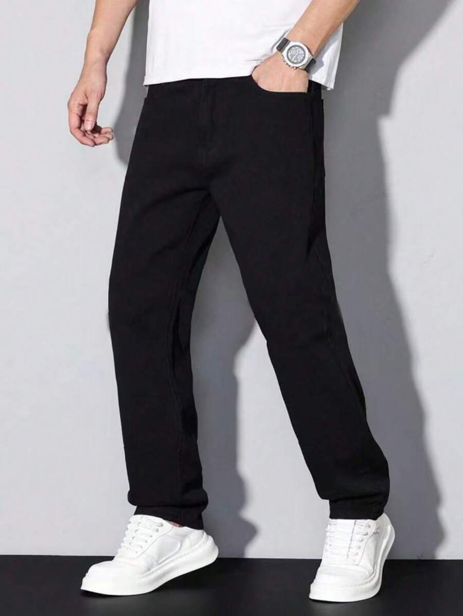 Pantalones vaqueros casuales de unicolor con cintura elástica para niño preadolescente, para todas las estaciones - Negro - Ver 1