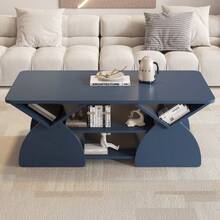 Engineered Wood Rounded Corner Rectangular Coffee Table For Living Room, Easy Assembly Storage Table With Open Shelves Sturdy Frame For Reception Room, Modern Coffee Table Geometric Design - Xanh dương + Ván dăm + Thường ngày + Cổ điển + Tối giản + Hiện đại - Xem 1