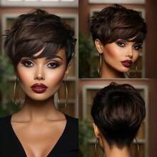 Stylish Short Pixie Cut Wig Human Hair Remy Peruvian Human Hair Wig With Bangs Rose Net Full Machine Made Straight Layered Natural Black Colored Wig Holiday Wear Party Wear Music Festival Mother's Day Carnival Valentine's Day Halloween All Saints' Day Christmas Day Cosplay Spring Summer Autumn Winter Local Warehouse Wear And GO New Product Discounts Wigs For Black Women Casual Elegant Preppy Business Modest Romantic Glamorous Vintage Street Sporty Cute Royal Simple Vacation Daily Holiday - Natural Black - 查看 6