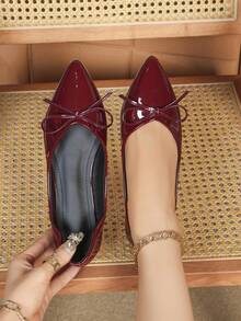 Bailarinas de punta retro de cuero suave con suela blanda y bloque de color, versátiles y adecuadas para vestidos, para todas las estaciones - Burdeos - Ver 2