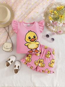 2pcs Baby/Toddler Round Neck Cute Duck Print Short Sleeve Top And Shorts Set, Spring/Summer - Pink - View 1