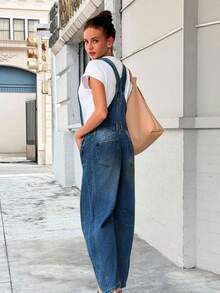 Women's Denim Bib Overalls Barrel Leg Jumpsuits With Adjustable Straps And Pockets - 藍色 - 查看 2