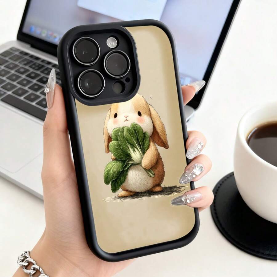 Cubierta de teléfono con borde negro y diseño de conejo con lechuga color beige para uso diario en oficina o casa - Burdeos - Ver 1
