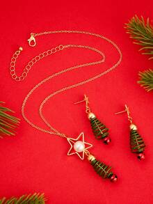 3pcs/Set Christmas Series Geometric Christmas Tree, Bell, Star Earrings & Necklace Jewelry Set, Women's Christmas Gift - Multicolor - View 4