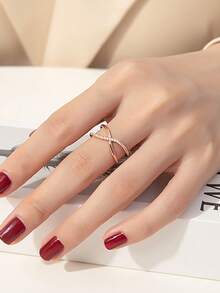 Nooxian 1pc Rose Gold Plated Double Layer Criss-Cross Cubic Zirconia Adjustable Copper Ring For Women - Rose Gold - View 11