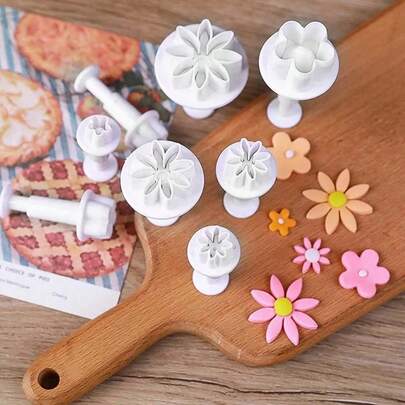 Juego de 8 piezas de cortadores de galletas de fondant para pasteles, con formas de flor de ciruelo, margarita y ciruela. Juego de sellos de galletas de repuesto para utensilios de cocina.