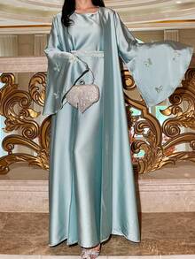 Trang phục Hồi giáo dành cho nữ, Áo Abaya tay bồng xòe, Áo Abaya thanh lịch cho các dịp đặc biệt, Áo Abaya lễ Eid, Áo Abaya ba mảnh với thắt lưng đính đá, Mùa xuân - Màu xanh bạc hà - Xem 2