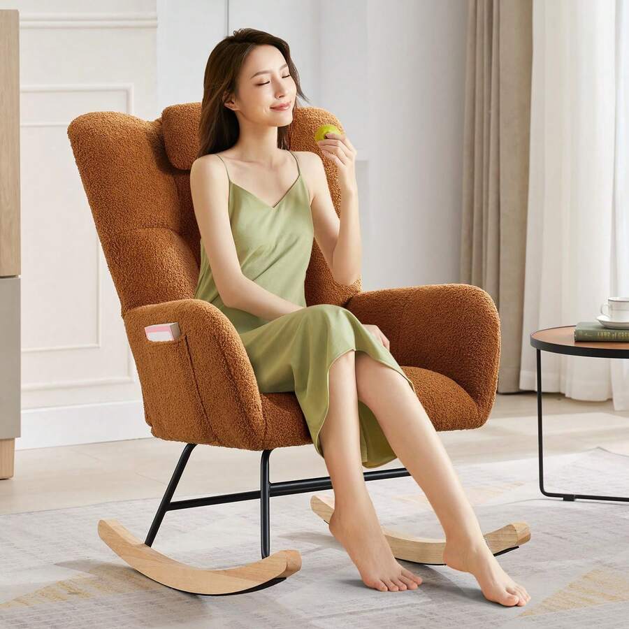 Sillón mecedor infantil Teddy, mecedora tapizada y esponjosa para bebés, ideal para espacios pequeños en interiores, sillas de lactancia para sala de estar, dormitorio, aula (marrón) - Marrón - Ver 1