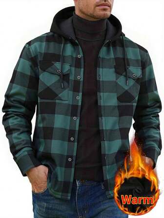 1 st. herrskjorta med rutig krage och långärmad bröstficka, normal passform, termofodrad skjortkavaj med förtjockad knapp