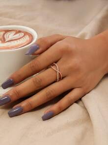 Nooxian 1pc Rose Gold Plated Double Layer Criss-Cross Cubic Zirconia Adjustable Copper Ring For Women - Rose Gold - View 6