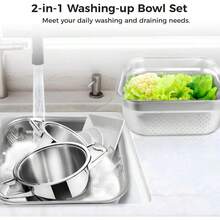2-In-1 Stainless Steel Washing Up Bowl Set With Colander For Kitchen Use: Multi-Purpose Dish Tub For Washing Draining Rice Pasta Fruits Vegetables And Food Straining Ideal For Cooking And Meal Preparation - Bộ bát rửa chén 2 trong 1 129 inch - Xem 2