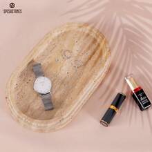Marble Cosmetic Tray Handmade Travertine Decorative Trays For Bathroom Decor And Countertop Accessories Perfume Candles And Jewelry Tray For Cosmetic Organizer - 石灰華米色 - 查看 3