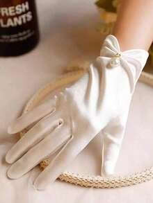 1pair White Short Satin & Faux Pearl Solid Color Gloves Suitable For Wedding, Party, Driving And Daily Use Autumn Accessories - trắng - Xem 6