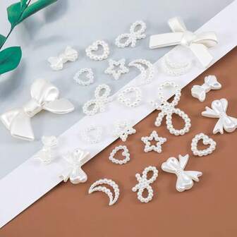 25/50/100-Piece White Pearl Bow Bead Set, Cream Resin Pendant Elegant Ivory-White Faux Pearl Hair Accessories Hair Bands - Perfect For DIY Wedding Hair Accessories And Everyday Decorations, Hair Clip Decorations Handmade Materials, Wedding Hair Accessories Supplies