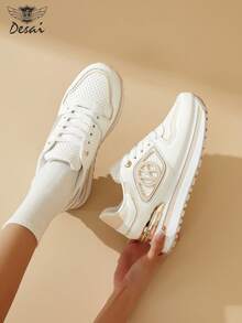 DESAI Women's Fashion Letter Design Casual Sneakers, Thick-Sole Elevated Comfortable Breathable Running Shoes, Personalized Low-Top Shock-Absorbing Versatile Chunky Sneakers - White - View 8