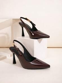 宽楦咖啡棕色亮面金属搭扣装饰踝带细高跟鞋，适合日常穿着、宴会、派对等场合，时尚大码女鞋 - 咖啡棕 - 查看 14