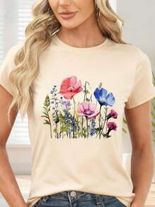 Colorful Floral Print T-Shirt For Casual Occasions And Spring - 杏色 - 查看 6