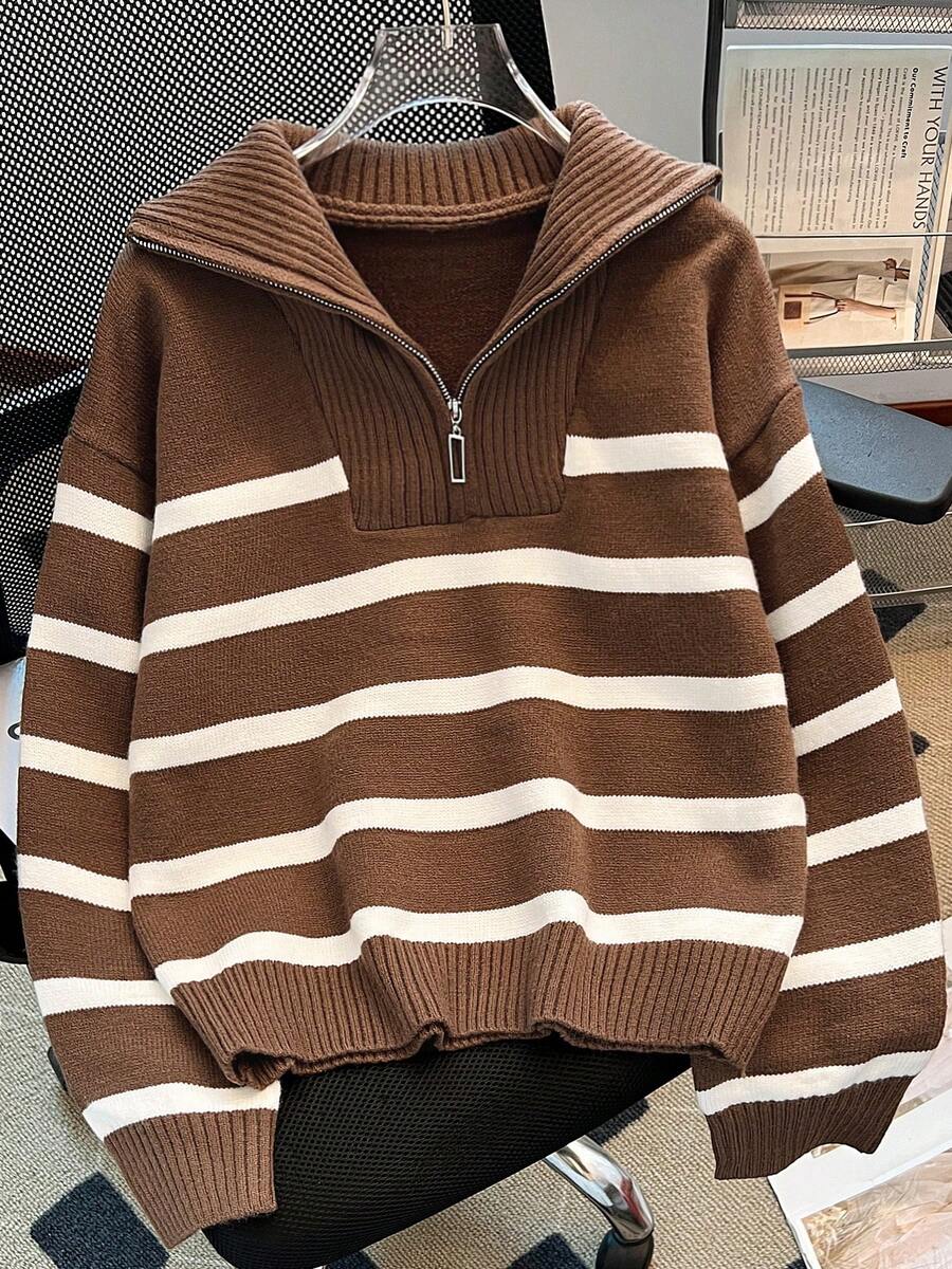 Autumn/Winter New Women Striped All-Match Pullover Sweater, Fashion High-End Simple Zipped Knitted Top - Cà phê nâu - Xem 1