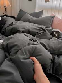 3 件套加厚涤纶简约纯色拼布床上用品套装，适合男孩、女孩、宿舍、卧室、拉链开合、四季皆宜、柔软透气、适合单人床、单人加大床、全尺寸床、大号床、特大号床（1 个羽绒被套、2 个枕套、无填充物） - 深灰色 - 查看 7