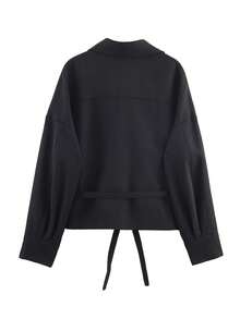Nuevo estilo de otoño Chaqueta de mujer elegante y de moda, suelta, con correa, manga larga, decoración de bolsillo, chaqueta tipo cárdigan con botones sólidos para la oficina - Negro - Ver 7