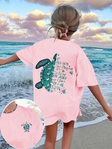 青少年女孩休闲趣味印花圆领短袖 T 恤，夏季上衣 - 粉色 - 查看 1
