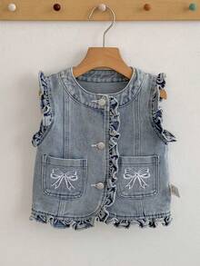 女婴牛仔背心，幼儿修身休闲套装，精致蕾丝袖口蝴蝶结刺绣，适合春、夏、秋季穿着。 - 藍色 - 查看 5