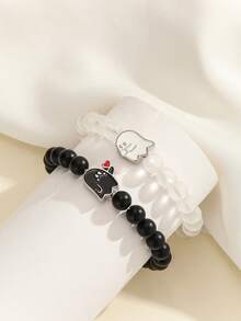 ATLVXJL 2pcs/Set Couple Glow-In-The-Dark Heart & Elf Finger Heart Black Transparent Bead Bracelet Set, Couple Jewelry For Daily Wear And Valentine's Day Gift - Multicolor - View 8