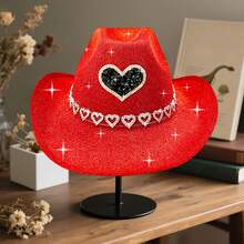 Adults Glitter Western Cowgirl Hats With Rhinestones Fashionable Wide Brim Fedora Caps For Outdoor Vacation - 紅色-愛心 - 查看 4
