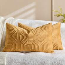 1/2 Pcs Plush Plush Decorative Throw Pillow Cover, Geometric Quilted Cushion Cover, Fluffy Soft Solid Color Rectangular Pillow Sham - Buff Yellow - View 14
