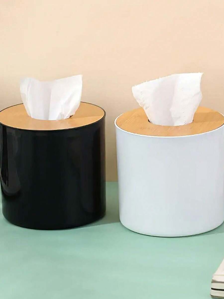 1 pieza Caja de pañuelos redonda de bambú y madera, creativa y sencilla para uso en la sala de estar del hogar, caja de pañuelos, caja de servilletas, caja de almacenamiento de control remoto, caja de rollo de papel - Multicolor - Ver 1