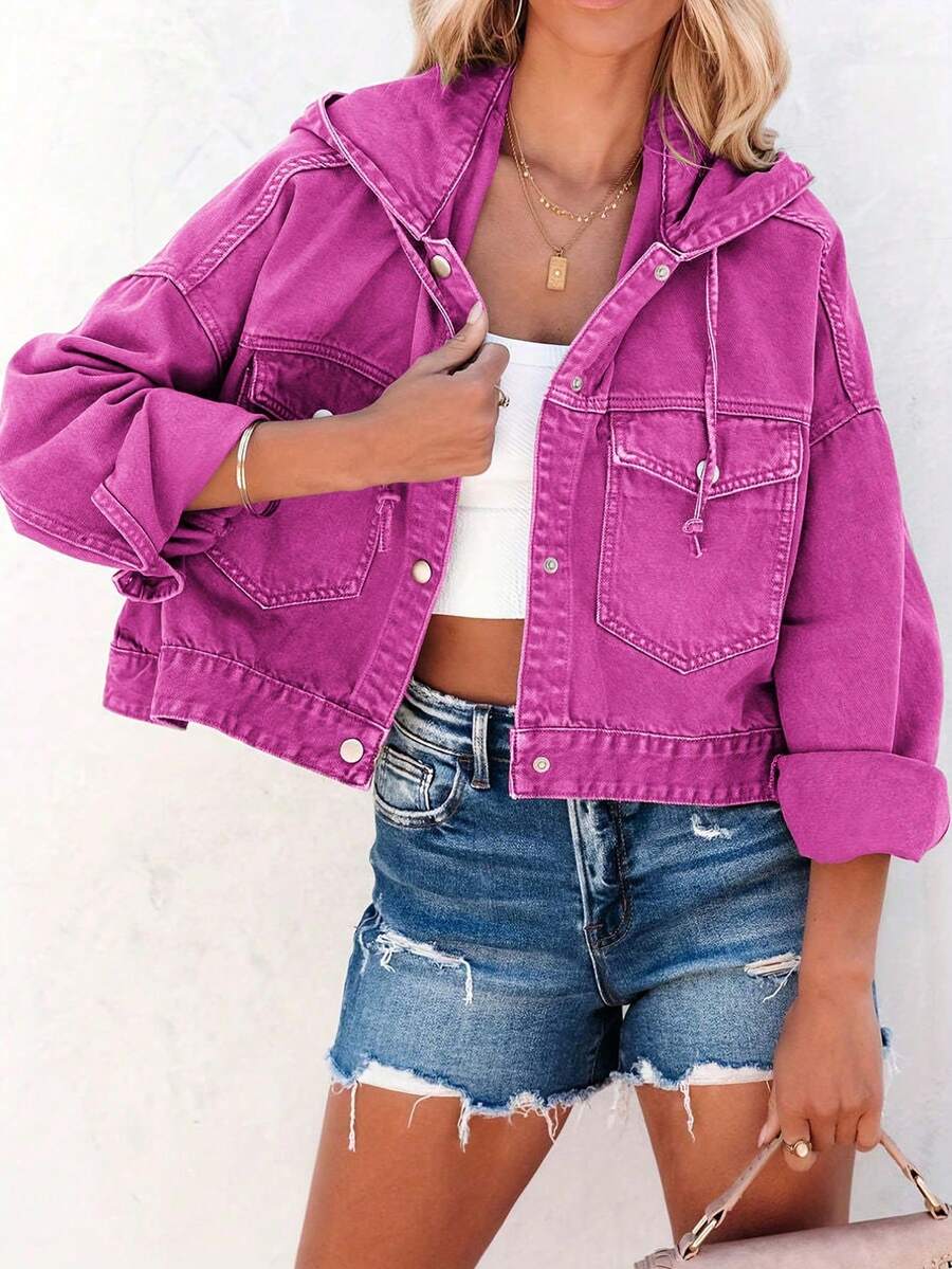 Chaqueta azul con capucha y hombros caídos con bolsillo y cordón ajustable para mujer - Rosa Fucsia - Ver 1