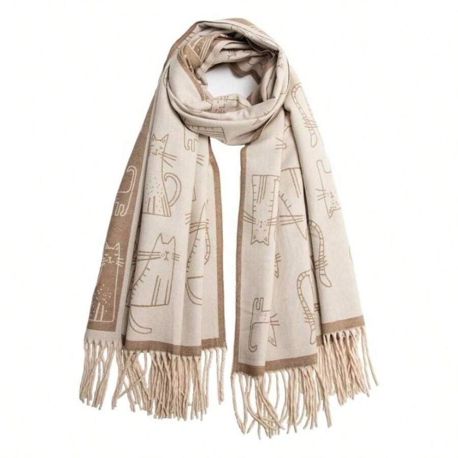 - Bufanda con flecos para mujer, diseo de cachemira, con estampado de gato - 79" x 26" + Marrón y Beige - Ver 1