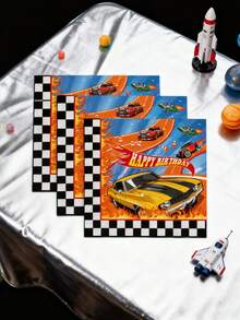 48pcs 13" X 13" Racing Car Theme Disposable Paper Napkins, Black & Orange Base With Racing Car, Flame, And "Happy Birthday" Graphics, Suitable For Birthday Parties, Racing Themed Events - Multicolor - View 3