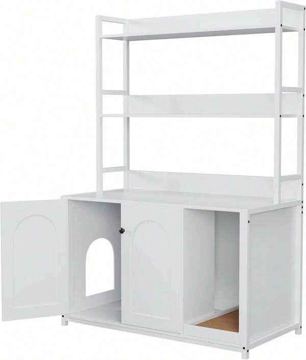 Dragonpad Cat Litter Box Enclosure White Hidden Wood Cabinet With Levels Of Shelves & Countertop, Large Cat Furniture With Magnetic Doors & Separate Partition Wall & Scratch Mat, 51.9x17.7x35.4inch