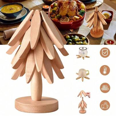 Wooden Heat-Resistant Utensil Stand With 4 Interchangeable Mats & Holder - Compact Tree Design For Pots, Pans, Teapots, Plates