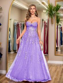 Strapless Lace Mesh Prom Dresses For Women Embroidery Sparkly Rhinestone Party Ball Gown Floor Length A Line Tulle Applique Evening Dresses Corset Boned - 淡紫色 - 查看 9