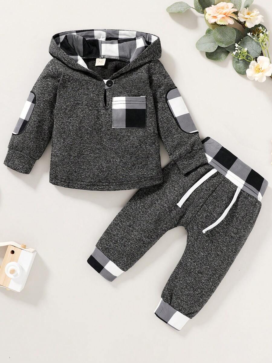 Baby Boys Plaid Print Hoodie & Sweatpants - Black and White - View 1